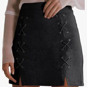 Mini Faux Suede High Waist Lace Up Pencil Skirt Sz M
